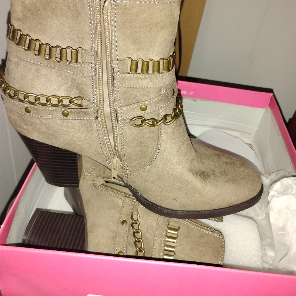 JustFab Tan Heeled Boots with Western Chain Accents